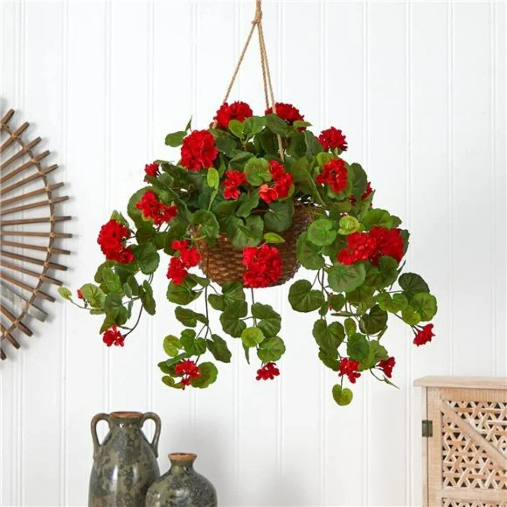 Nearly Natural Red Geranium Hanging Basket 24in Faux Silk Plant Home Decor